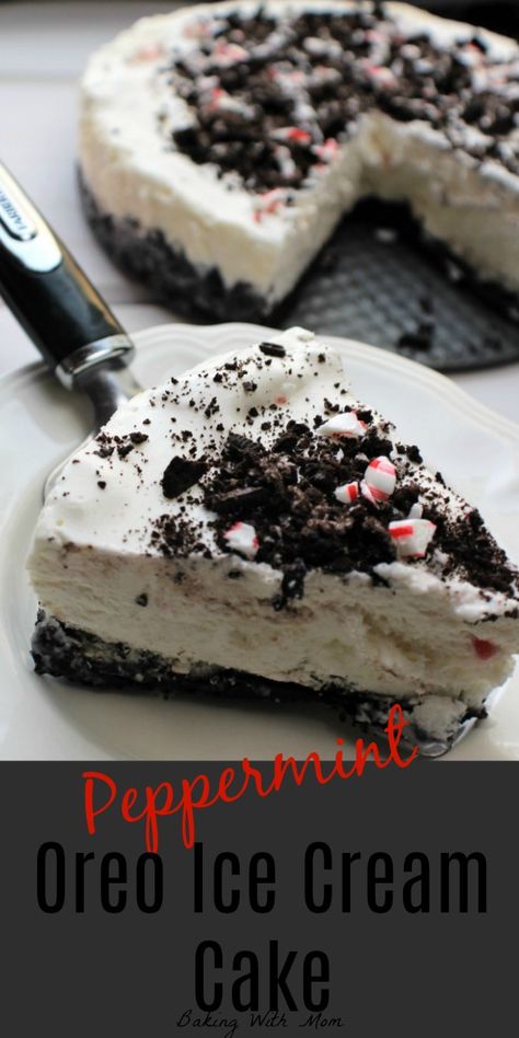 Peppermint OREO Ice Cream Cake with an OREO crust and peppermint stick ice cream. Only 4 ingredients-great for Christmas dessert. #icecreamcake #peppermint #Christmas #bakingwithmom Pie, Peppermint Ice Cream Pie With Oreo Crust, Peppermint Stick Ice Cream, Stick Ice Cream, Christmas Desserts Cakes, Christmas Ice Cream Cake, Cherry Cake Recipe, Christmas Ice Cream, Oreo Ice Cream Cake