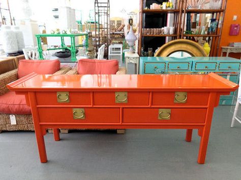 circa who pagoda console benjamin moore blazing orange newly lacquered 2400 dollars A2709a Chinoiserie Interior, Chinoiserie Furniture, Simple Decorating, High Gloss Furniture, Hollywood Regency Decor, Lacquer Furniture, Chinoiserie Decorating, Orange Decor, Bedroom Decor Design