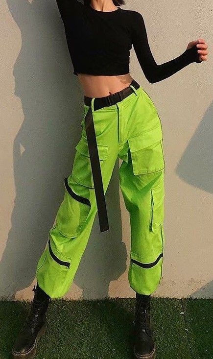 Neon Green Cargo Pants with Reflective Stripes - #fashion #neon #cargopants #pants #streetwear #trousers Neon Green Cargo Pants, Ropa Color Neon, Neon Green Outfits, Streetwear Trousers, Neon Outfits, Pants Streetwear, Neon Fashion, Green Cargo Pants, Green Cargo