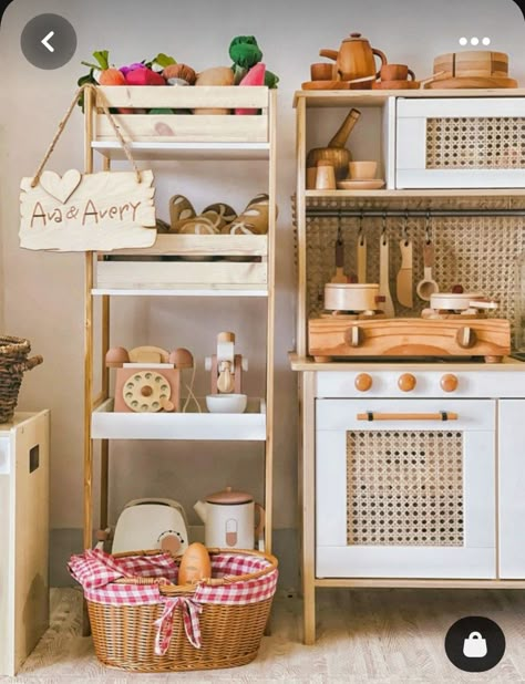 Boho Play Kitchen, Kids Play Kitchen Organization, Kids Play Kitchen Makeover, Toy Kitchen Organization, Kids Ikea Kitchen Makeover, Duktig Kitchen Makeover, Kids Play Kitchen Area, Play Food Storage Ideas, Ikea Kids Kitchen Makeover