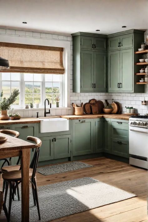 Sage green farmhouse kitchen Kitchen White And Green Cabinets, Cute Farmhouse Kitchen Ideas, Green Kitchen With Cream Cabinets, House Decor Sage Green, Sage Kitchen Aesthetic, Small Kitchen Remodel Green Cabinets, Cute Green Kitchen, Sage Green Rustic Kitchen, Kitchen Reno Diy