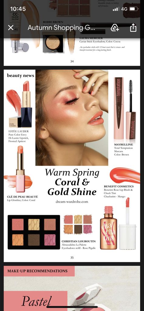 True Spring Outfits For Fall, True Spring Eyeshadow, Bright Spring Eye Makeup, Warm Spring Eyeshadow, Warm Spring Lipstick Colors, Bright Spring Makeup Palette, Warm Spring Color Palette Makeup, True Spring Makeup Looks, Warm Spring Makeup Looks