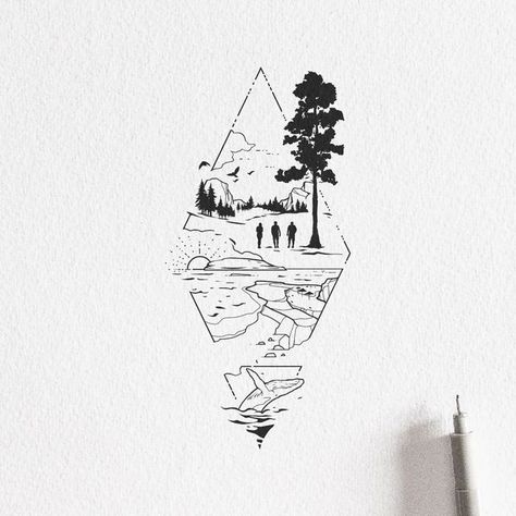 Fine Line Landscape Tattoo, Email Illustration, Linework Tattoo Design, Drawing Forms, Landscape Tattoo, Mountain Drawing, Mountain Tattoo, Nature Drawing, Landscape Drawings