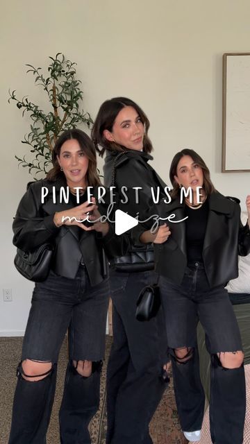 Nina Caviggiola • momhood & midsize style on Instagram: "I cannot stress enough about how much I love this look. Did you watch to the end to see the Amazon jacket 👀 

Pinterest VS size 10. 

Comment GIMMIE below to receive a DM with the link to shop this post on my LTK ⬇ https://liketk.it/4RFxz #ltkmidsize #ltkstyletip #ltkfallsale

Jeans: 8 (size down if in between) 
Both tops: L
Jacket M
Cheaper jacket: L 

Leather jacket, black on black, midsize style, fall outfit, mom style, edgy look, street style, size 8." Leather Jacket With Belt Outfit, Black Skirt And Leather Jacket Outfit, How To Wear A Leather Jacket, Outfits Black Leather Jacket, Black Jacket Outfit Women, Black Moto Jacket Outfit, Styling Leather Jacket, Cropped Leather Jacket Outfit, Fall Outfit Mom