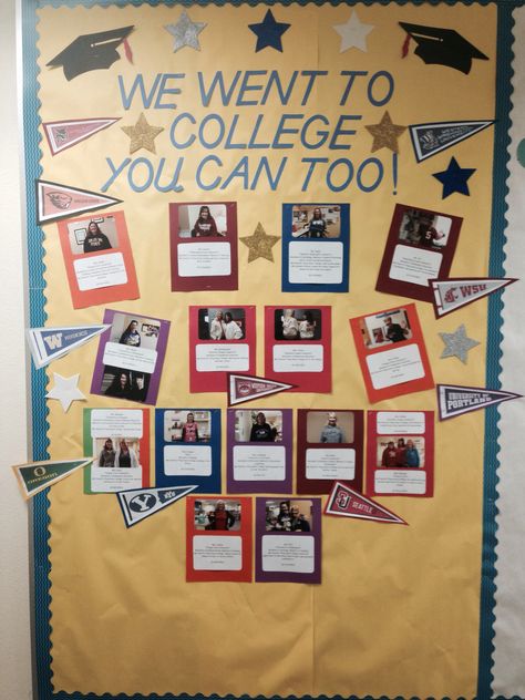 "We went to college you can too!" Bulletin board for college awareness. #elementaryschoolcounseling College Corner In Classroom, College Acceptance Bulletin Board Ideas, College Counseling Bulletin Boards, College Advisor Office Decor, College Bulletin Board, College And Career Bulletin Board Ideas Middle School, College And Career Bulletin Board High School, Accepted To College Bulletin Board, College And Career Bulletin Board