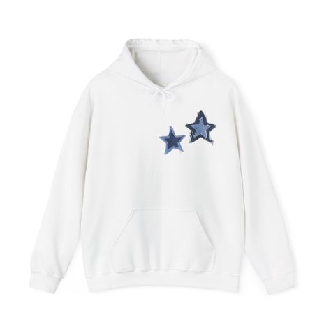 denim blue stars hoodie available in white, black, gray, light blue, navy blue, and red ~ cool and trendy hoodie with two denim blue stars, designed by me! 100% cotton, ethically & sustainably sourced ~ size availability: s, m, l, xl, 2xl i recommend sizing up from your usual size for a comfy oversized fit! Blue And White Hoodie, Denim Stars, Star Sweatshirt, Light Blue Hoodie, Star Hoodie, Stars Vintage, Patchwork Hoodie, Sweatshirt Y2k, Stitch Hoodie