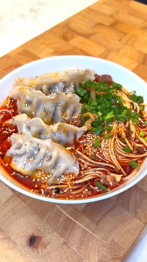 Quick and easy spicy dumpling & noodle soup – a bowl full of flavor with dumplings and noodles in a zesty broth. Perfect for a cozy… | Instagram Essen, Making Dumplings Aesthetic, Dumpling Meals, Spicy Ramen Broth, Noodles With Dumplings, Dumpling Noodle Soup, Dumplings And Noodles, Noodles And Dumplings, Dumplings Soup