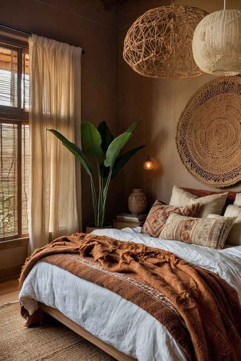 White Walls Boho Bedroom, Suit Bedroom Design, Burned Orange Bedroom, Rust Red Bedroom, Adobe Bedroom, Bedroom With Plants Aesthetic, Bedroom Boho Ideas, Color Drenching Interiors, Warm Minimalist Bedroom