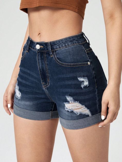 SHEIN Essnce Distressed Rolled Hem Slim Fit Denim Shorts For SummerI discovered amazing products on SHEIN.com, come check them out! Women Denim Shorts, Summer Shorts Denim, Elastic Waist Jeans, Ripped Jean Shorts, Ripped Denim Shorts, Jeans Casual, Short Jeans, Ripped Denim, Distressed Denim Shorts