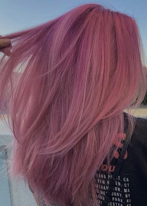 Blond To Pink Hair, Mixed Pink Hair, Pink Color Hair Ideas, Pink Hair For Blondes, All Over Pink Hair, Dark To Light Pink Hair, Pink Hair Dye Aesthetic, Pink Hair With Pink Highlights, Hair Colour Ideas Pink