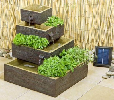 Square 4-Tier Solar Water Feature Cascading Herb Planter Dark Wood - H42cm x W39cm Cascading Planter, Garden Fountain Ideas, Solar Fountain Ideas, Solar Water Feature, Diy Solar Fountain, Water Fountain Design, Kolam Air, Fountain Ideas, Solar Water Fountain