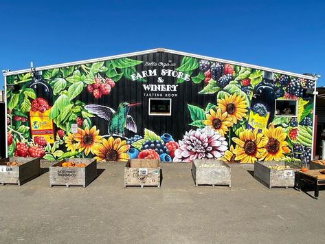 Mural On Corrugated Metal, Mural On Metal Building, Murals With Words, Barn Shop Ideas, Farm Mural, Corrugated Metal Fence, Farm Cafe, Winery Tasting Room, Barn Shop