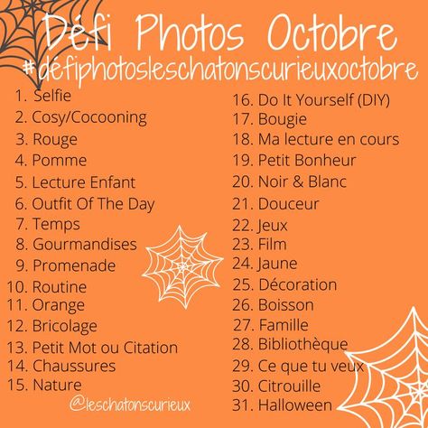 J'ai lancé un défi photos pour le mois d'octobre 2022 sur mon compte instagram. Je le partage ici si quelqu'un souhaite participer. #défiphotosleschatonscurieuxoctobre #defiphotos #challengephoto #challengephotosoctobre #defiinstagram Photo Challenge, Budgeting, Halloween, Instagram, Organisation