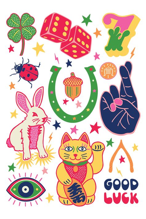 Symbols of luck illustrated as part of the Lost Plots greeting card range, published by Cath Tate Cards. Lucky 7, dice, crossed fingers, Lucky cat, Lady birds, Four leaf clovers - lots of symbols of luck! Greeting Card Graduation, Good Luck Symbols, Lucky Symbols, Japanese Symbol, Good Luck Cards, Lucky Charms, Crossed Fingers, Luck Charms, Lucky Cat