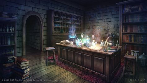 Magical lab - Visual novel Background by giaonp.deviantart.com on @DeviantArt Witchy Workshop, Writer Illustration, Witch Hut, Photo Manga, Fantasy Shop, Fantasy Rooms, Interior Vintage, Golden Trio, Fantasy House