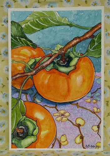 Persimmons Art, Persimmon Drawing, Persimmon Tattoo, Persimmon Painting, Persimmon Art, Alida Akers, Draw Scenery, Restaurant Graphics, Wood Block Print