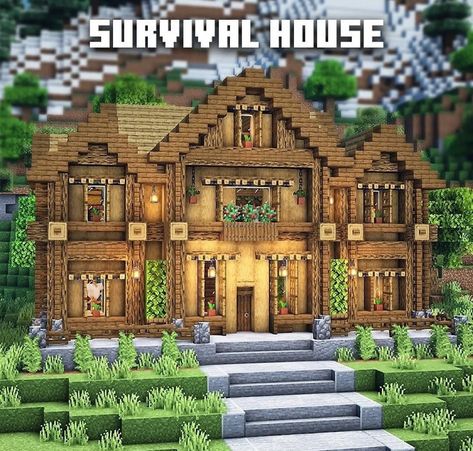 Cobblestone And Wood House Minecraft, Mc House Inspiration, Minecraft Survival Mansion Ideas, Minecraft House Decor Exterior, Large Minecraft Survival House, Big Minecraft Houses Survival, Minecraft Survival House For Two, Minecraft Houses Survival Blueprints, Minecraft House Ideas Big Cottage