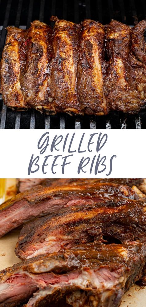 These beef ribs are perfectly tender, smoky, and insanely delicious! They're rubbed in a flavorful marinade then finished off with your favorite barbecue sauce. These easy beef ribs are cooked low and slow on either a charcoal or gas grill to fall-off-the-bone perfection! Bone In Beef Short Ribs Grilled, Beef Ribs On The Grill, Beef Ribs Marinade, Ribs Marinade Recipe, Cooking Beef Ribs, Grilled Beef Short Ribs, Ribs On The Grill, Grilled Beef Ribs, Bbq Beef Ribs