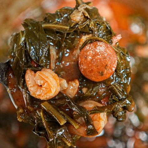 Gumbo Greens Recipe, Collard Green Gumbo, Gumbo Greens, Gumbo Soup Recipe, Green Gumbo, Gumbo Crockpot, Greens Recipe Soul Food, Recipe With Shrimp, Gumbo Soup