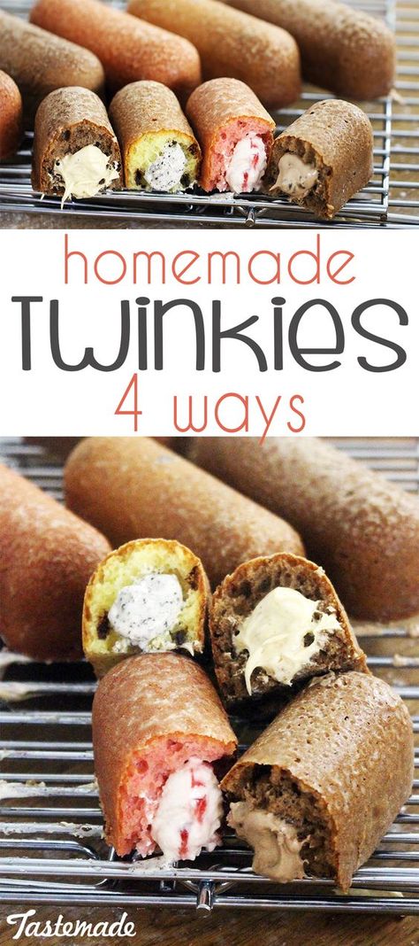 If you like Twinkies, you'll love these 4 little cakes stuffed with flavorful creams like peanut butter, Oreo and more. Twinkie Desserts, Homemade Twinkies, Twinkies Recipe, Twinkie Cake, Chocolate Snack Cake, Easy Homemade Desserts, Peanut Butter Oreo, Sponge Cakes, Homemade Recipes Dessert