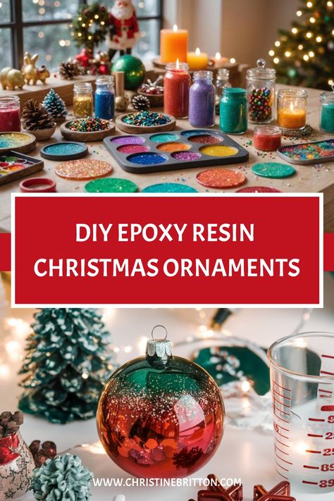 DIY epoxy resin Christmas ornaments project with colorful supplies and a finished ornament. Resin Easy Ideas, Christmas Crafts Resin, Christmas Resin Crafts To Sell, Easy Diy Resin Projects, Epoxy Resin Crafts Christmas, Epoxy Christmas Ornaments Diy, Winter Resin Ideas, Christmas Resin Ideas Diy, Christmas Ornaments Resin