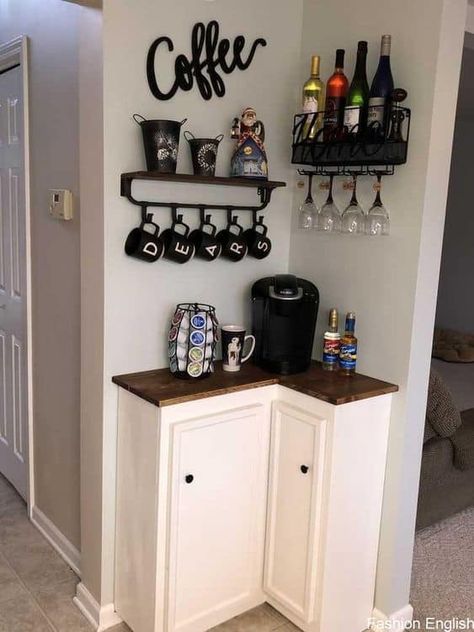 22 DIY Coffee Bar Ideas — Make Your Own Coffee Station Corner Coffee Bar, Diy Coffee Station, Corner Coffee, Diy Coffee Bar, Bar In Casa, Home Coffee Stations, Home Coffee Bar, Coffee Bar Home, Seni Dan Kraf