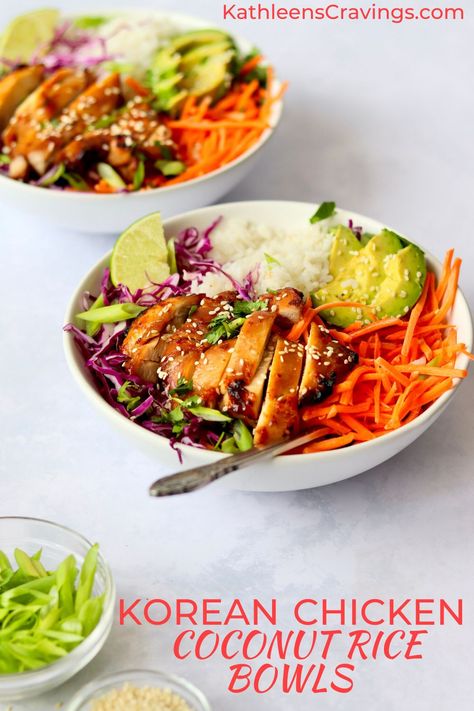 Chicken Korean Bowl, Rice Bowls With Cabbage, Cobb Salad Rice Bowl, Coconut Chicken Rice Bowl, Korean Chicken Bowls, Coconut Rice Dinner, Asian Inspired Rice Bowls, Coconut Rice And Chicken Recipe, Chicken Avocado Rice Bowl