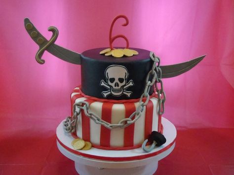 This cake was inspired by a Sharon Zambito design. It's a 10 and 8 inch round covered in fondant.  The #6, chain, coins, hook and sword were alll made from fondant.  The skull and crossbones is an edible image.  TFL!! Pirate Birthday Cake, Pirate Themed Birthday Party, Pirate Themed Birthday, Pirate Cake, Pirate Birthday Party, Childrens Birthday Cakes, Pirate Birthday, Edible Images, Pirate Theme