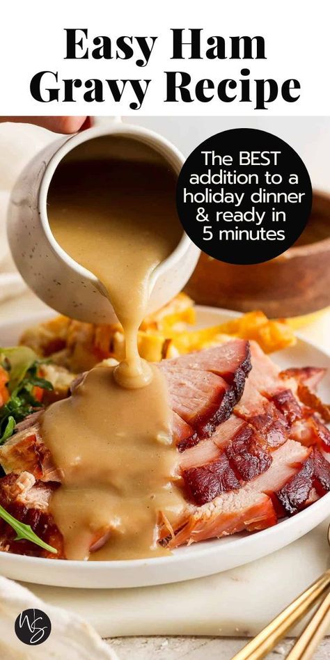 Our simple Ham Gravy is the perfect way to top off a classic holiday ham dinner, no matter how you cook it! Made with only 3 simple ingredients and in less than 5 minutes. Perfect for adding to the dinner table at any future holiday dinners! How To Make Ham Gravy From Drippings, Gravy From Ham Drippings, How To Make Ham Gravy, How To Make A Gravy, Homemade Gravy Recipe Easy, Best Ham Gravy Recipe, Ham Gravy From Drippings, Easy Ham Gravy, Ham Gravy Recipe