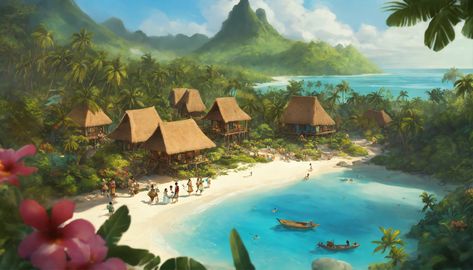 Tropical Island Fantasy Art, Moana Village, Houses On The Beach, People Swimming, Polynesian People, Blue Clothes, Polynesian Village, Setting Inspiration, Polynesian Islands