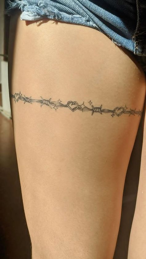 Knife With Barbed Wire Tattoo, Barbwire Around Arm Tattoo, Heart With Barb Wire Tattoo, Barbed Wire Tattoo Around Leg, Barb Wire Tattoo Around Leg, Barbwire Bow Tattoo, Barbed Wire Garter Tattoo, Barb Wire With Flowers Tattoo, Waist Chain Tattoo