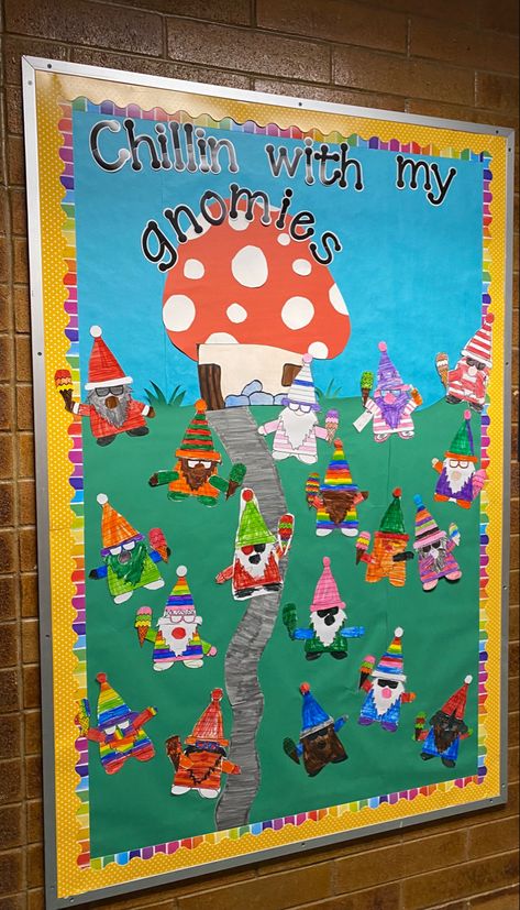 Fairy Tail Classroom Theme, Chillin With My Gnomies Bulletin Board, Mushroom Bulletin Board, Mushroom Classroom Theme, Mushroom Classroom, Fairy Classroom, Gnome Bulletin Board, Fairytale Classroom, Science Room Decor