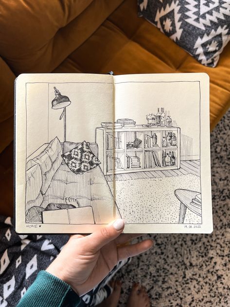 My project for course: Illustrated Diary: Fill Your Sketchbook with Experiences | Domestika Illustrated Journal Sketchbooks, Professional Sketchbook, Illustrated Diary, Drawing Diary, Fill Your Sketchbook, Sketchbook Prompts, Sketchbook Diary, Art Journal Prompts, Interior Illustration