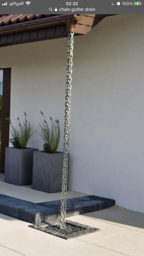 Water Chain Gutter, Drain Chain, Rain Gutter Chains, Gutter Chains, Patio Water Feature, Roof Drain, Side Yard Landscaping, Outdoor Water Feature, Study Interior Design