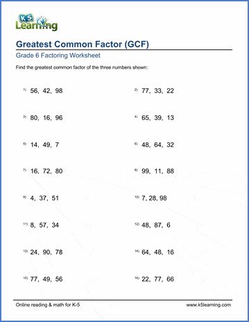 Grade 6 Factoring Worksheets: Greatest common factor of 3 numbers | K5 Learning Lcm And Gcf, Grade 6 Math Worksheets, Greatest Common Factor, Least Common Multiple, 6th Grade Worksheets, Common Multiples, Factors And Multiples, Greatest Common Factors, Math Exercises