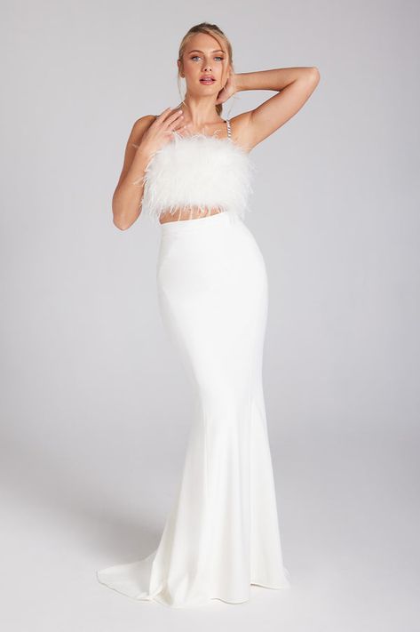 Wedding Night Outfit Brides, Wedding Night Outfit, Modern Bridal Dress, Nadine Merabi, Jessica White, White Maxi Skirt, White Maxi Skirts, Bachelorette Outfits, Fishtail Skirt