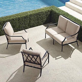 Grayson 3-pc. Loveseat Set in Black Finish Black Outdoor Furniture, Wrought Iron Patio Furniture, Metal Outdoor Furniture, Metal Patio Furniture, Patio Inspiration, Aluminum Furniture, Outdoor Furniture Collections, Perfect Garden, Cast Aluminum