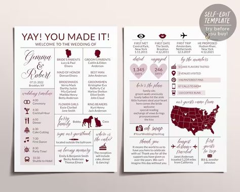 Infographic Wedding Program Template Burgundy Wedding - Etsy Wedding Infographic Program, Wedding Program Infographic, Wedding Programs Ideas, Wedding Documents, Fun Wedding Ideas Unique, Burgundy Wedding Reception, Programs For Wedding, Wedding Program Examples, Reception Program