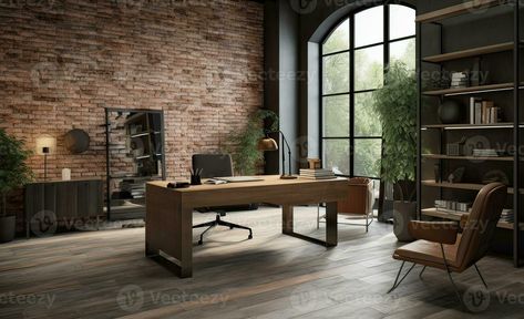 Brick Wall Office Interior, Exposed Brick Office Space, Brick Wall Office Design, Brick Wall In Office, Brick Office Interior, Exposed Brick Office, Brick Office Space, Brick Wallpaper Office, Brick Wall Office