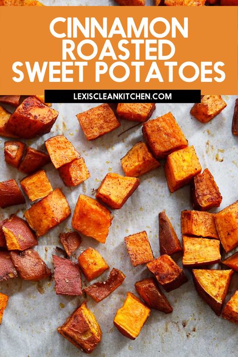 These three-ingredient Cinnamon Roasted Sweet Potatos make for the perfect sheet-pan side-dish! If you haven’t tried the combination of cinnamon + sweet potatoes yet, this is a must-make! So simple, yet so full of flavor! Cinnamon Roasted Sweet Potatoes, Cinnamon Sweet Potatoes, Potato Home Fries, Sweet Potato Home Fries, Home Fries Recipe, Sweet Potato Cubes, Sweet Potato Varieties, Roasted Sweet Potato Cubes, Arbonne Recipes