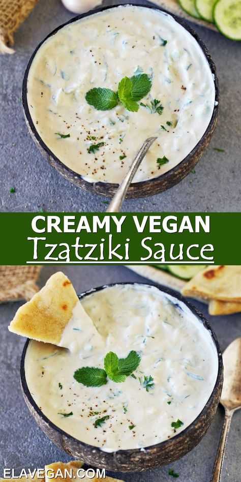 Vegan Mediterranean Recipes, Tzatziki Sauce Vegan, Vegan Tzatziki Sauce, Greek Meals, Veggie Dip Recipe, Vegan Banana Muffins, Vegan Mediterranean, Tzatziki Sauce Recipe, Vegan Greek