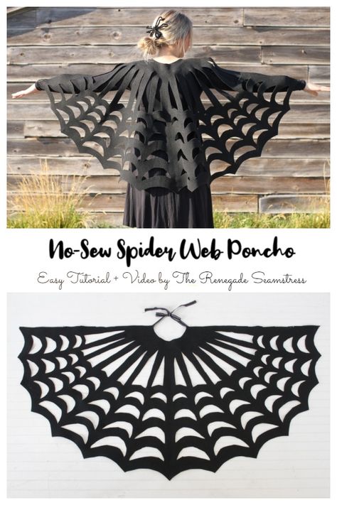 Spider Web Cape Diy, Spider Web Costume Women Diy, Diy Spider Web Costume, Charlottes Web Costume Diy, Charlottes Web Costume Ideas, Spider Web Costume Women, Diy Poncho No Sew, Diy Spider Costume Women, No Sew Poncho