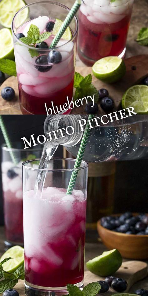 Blueberry Mojito Pitcher, Mojito Pitcher, Mojito Recept, Pitcher Cocktails, Blueberry Mojito, Easy Summer Cocktails, Blueberry Mint, Batch Cocktails, Mojito Recipe