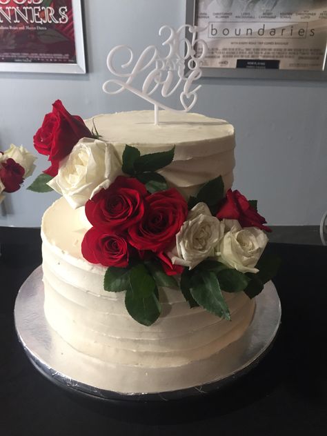 Two tier buttercream and rose first anniversary cake ❤️🌹 Two Tier Anniversary Cake Designs, 20 Year Anniversary Cake Ideas, 2 Tier Anniversary Cake Ideas, Ruby Wedding Anniversary Cake 40 Years, 40th Anniversary Cake Ideas, First Anniversary Cake Ideas, 2 Tier Anniversary Cake, First Anniversary Cake, Ruby Wedding Anniversary Cake