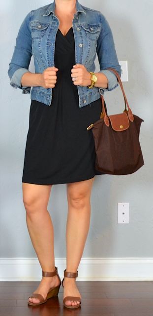 Starter business casual capsule wardrobe checklist | Outfit Posts | Bloglovin' Black Dress Jean Jacket, Brown Sandals Outfit, Brown Wedges Outfit, Ladies Black Dress, Dress Jean Jacket, Wedges Outfit, Brown Wedge Sandals, Dress With Jean Jacket, Casual Skirt Outfits