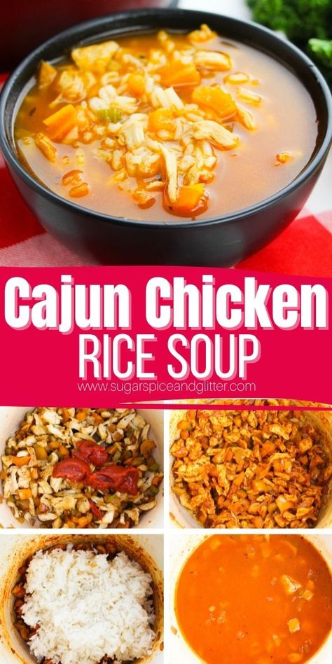 Chicken Broth Rice, Crockpot Rotisserie Chicken, Cajun Chicken And Rice, Rotisserie Chicken Soup, Buffalo Chicken Soup, Homemade Cajun Seasoning, Rice Soup Recipes, Chicken Rice Soup, Cajun Food