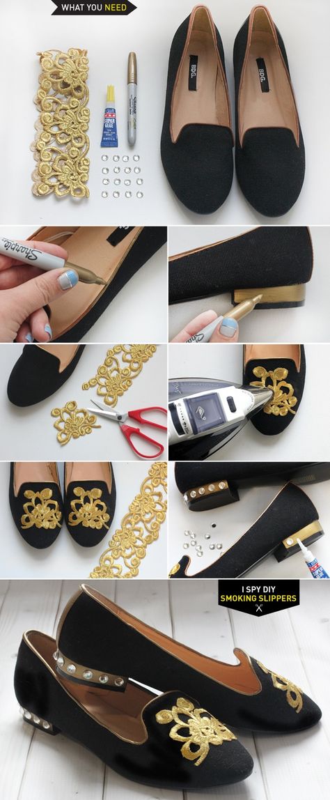 DIY Projects - SMOKING SLIPPERS....Make a pair with your wedding theme. Great for the Bridal Shower, Rehearsal Dinner, etc. If you can't do, find that person that's crafty & ask to do as a bridal or wedding gift. Shoe Refashion, I Spy Diy, Shoe Makeover, Making Shoes, Fabulous Diy, Old Shoes, Pretty Designs, Diy Shoes, Pretty Shoes