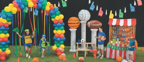 Sports Theme VBS Ideas Sports Themed Office, Sports Day Banner, Sports Day Decoration, Gala Decorations, Annual Day, School Board Decoration, Vbs Themes, Vbs Ideas, Party Planning Ideas