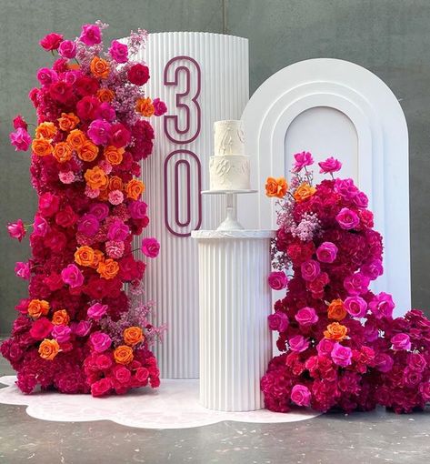 Floral 40th Birthday Party, Bright Birthday Decorations, Blooming 30 Birthday, Blooming Into 30 Party, Mirror Event Decor, Blooming Into 30, Flower Birthday Party Ideas For Adults, 30th Birthday Backdrop Ideas, 30 Birthday Theme