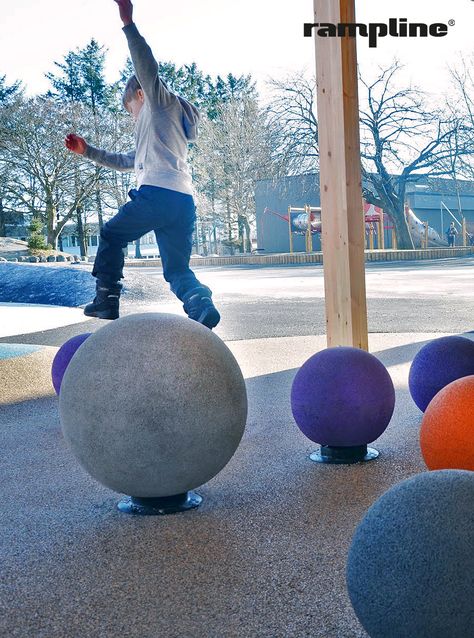 Tilting and rotating balls are more fun and challenging to balance. The rubber balls comes in different sizes and colours for public spaces, playgrounds and schools. Playground Balls, Physical Play, Improve Concentration, Play Equipment, Playground Equipment, The Little Prince, Public Space, Ball Exercises, Landscape Architecture